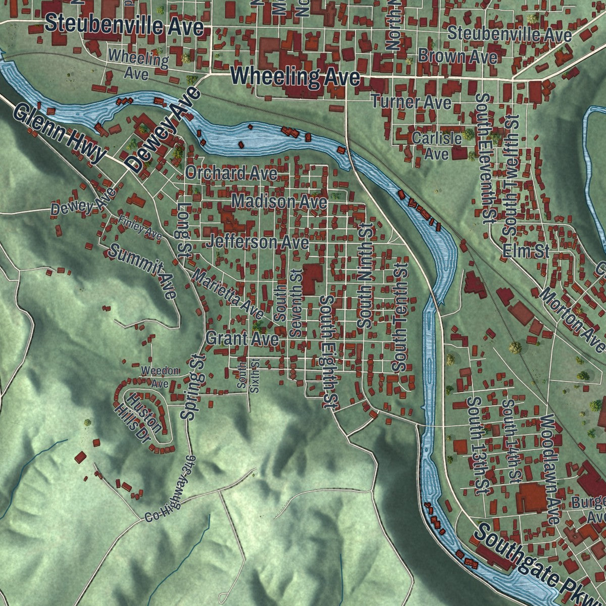 Second close-up of the map of Cambridge, Ohio print showing more streets and buildings