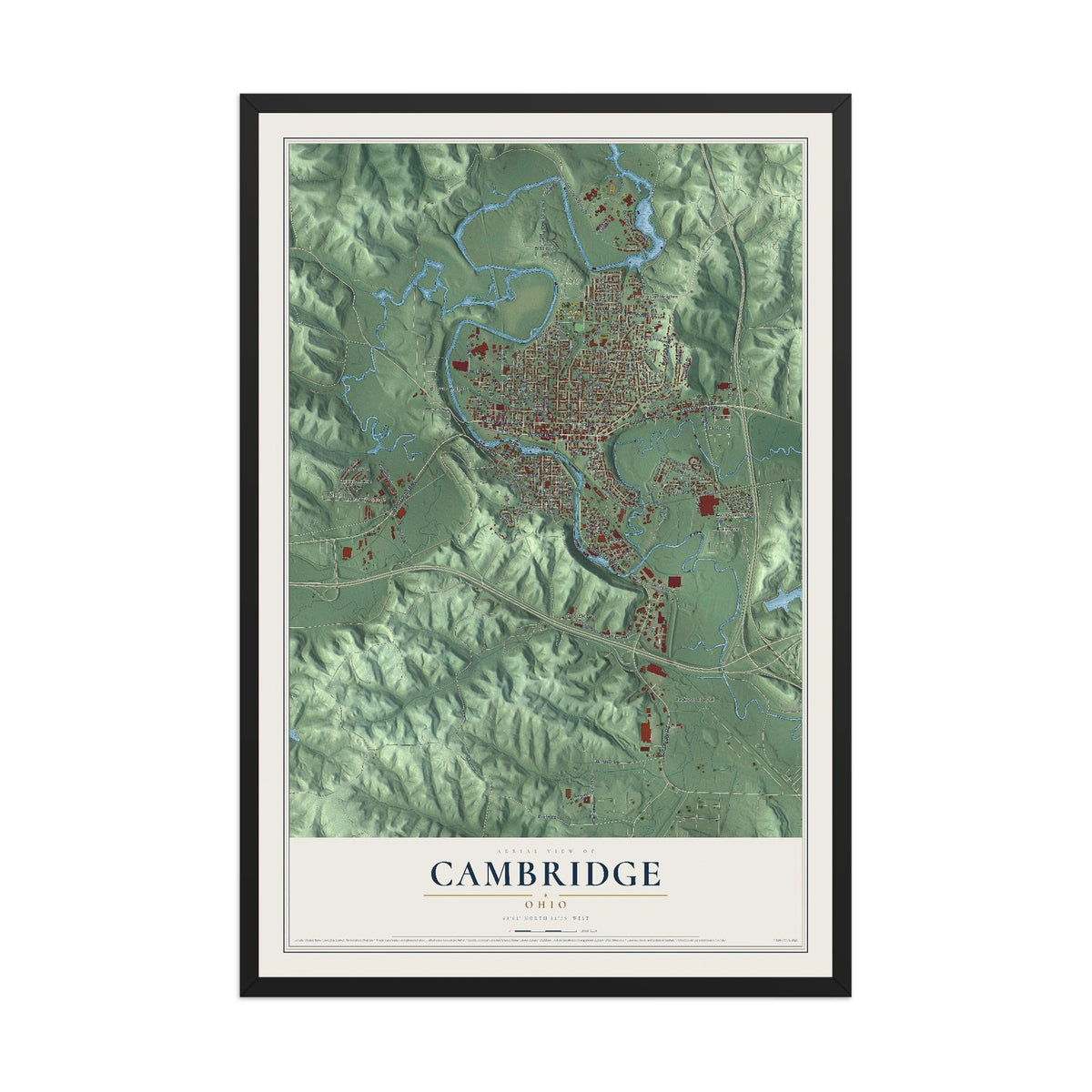 Map of Cambridge, Ohio, 12 x 18 inch print in a black wood frame