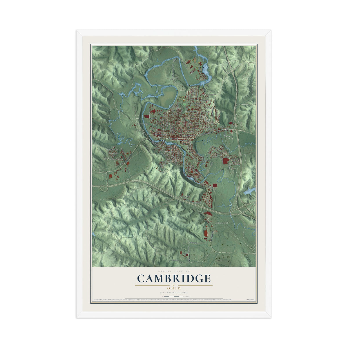 Map of Cambridge, Ohio, 12 x 18 inch print in a white wood frame