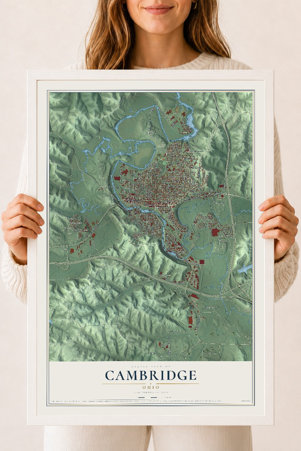 Map of Cambridge, Ohio, 18 x 24 inch print in a white wood frame