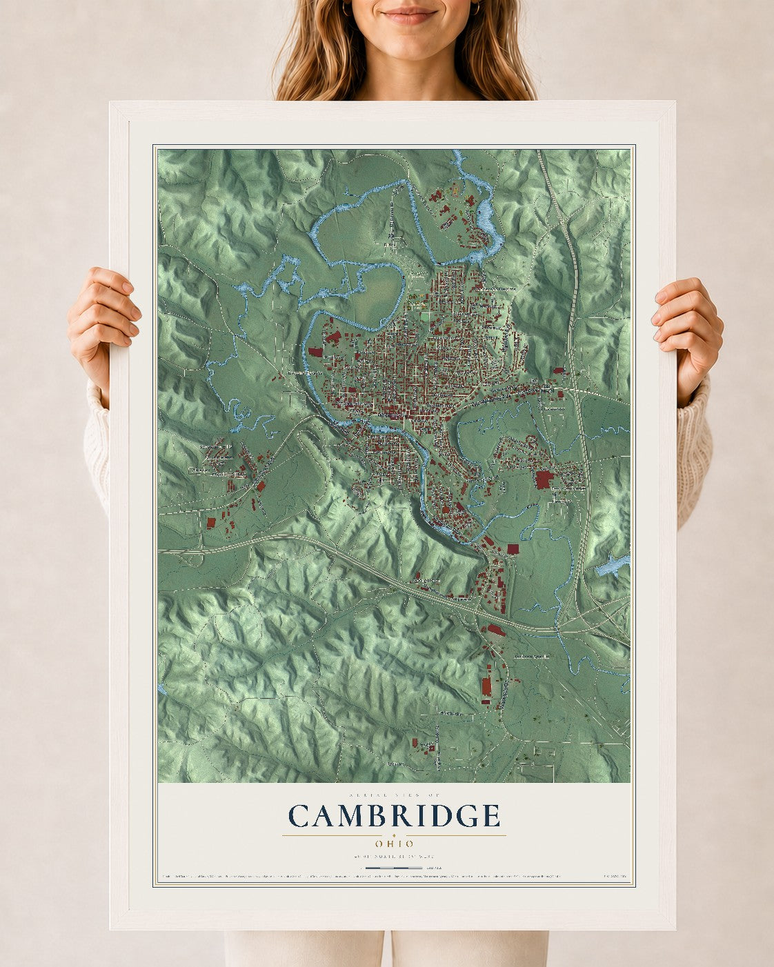 Map of Cambridge, Ohio, 24 x 36 inch print in a white wood frame