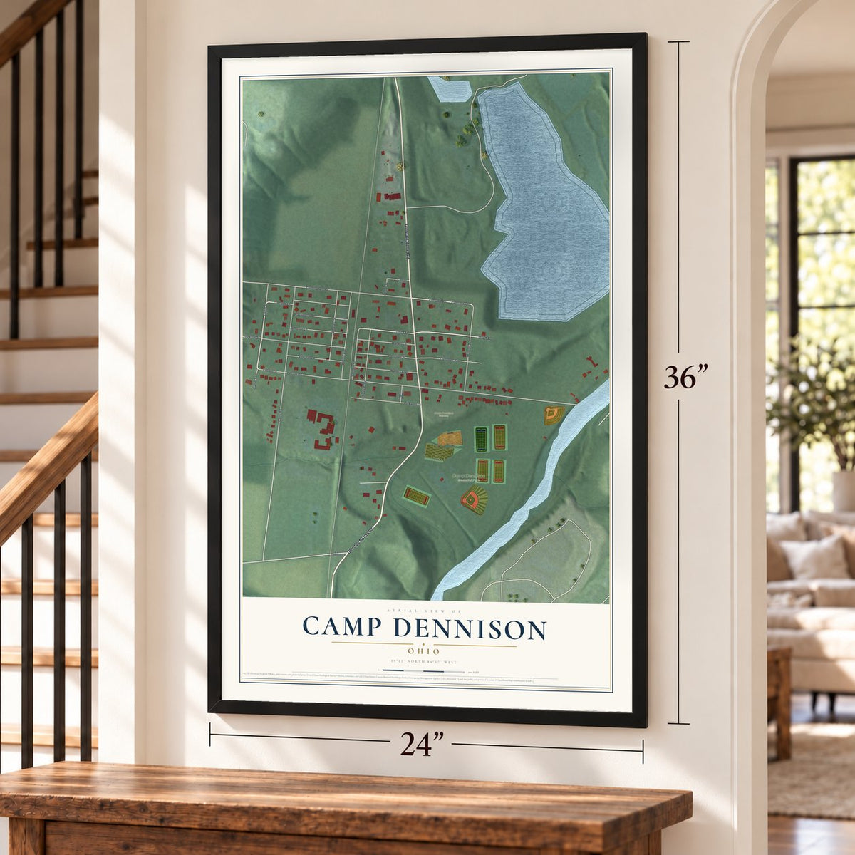 Camp Dennison, Ohio map, 24 x 36 inch print in a black frame by a staircase