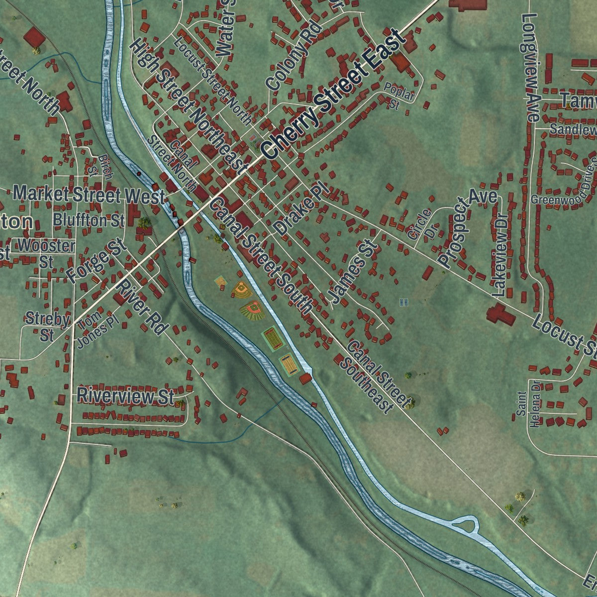 Close-up of the map of Canal Fulton, Ohio print showing street and building detail