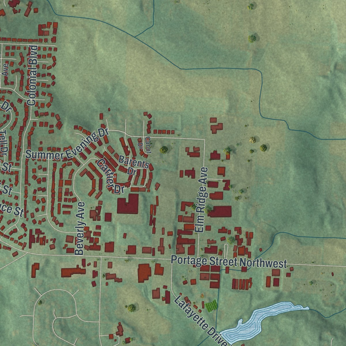 Second close-up of the map of Canal Fulton, Ohio print showing more streets and buildings