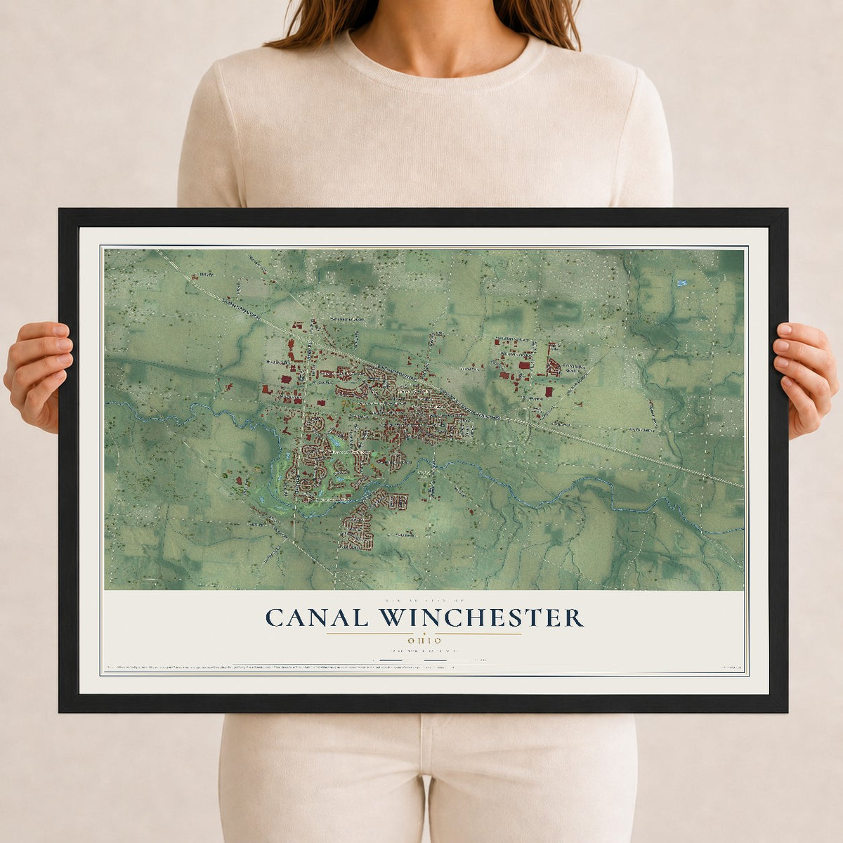 Map of Canal Winchester, Ohio, 12 x 18 inch print in a black wood frame