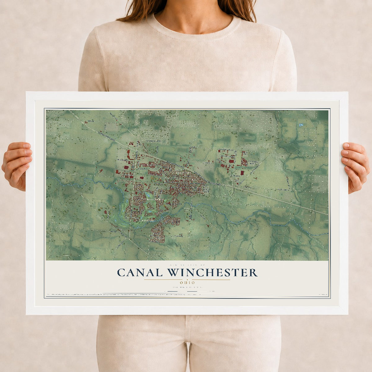 Map of Canal Winchester, Ohio, 12 x 18 inch print in a white wood frame
