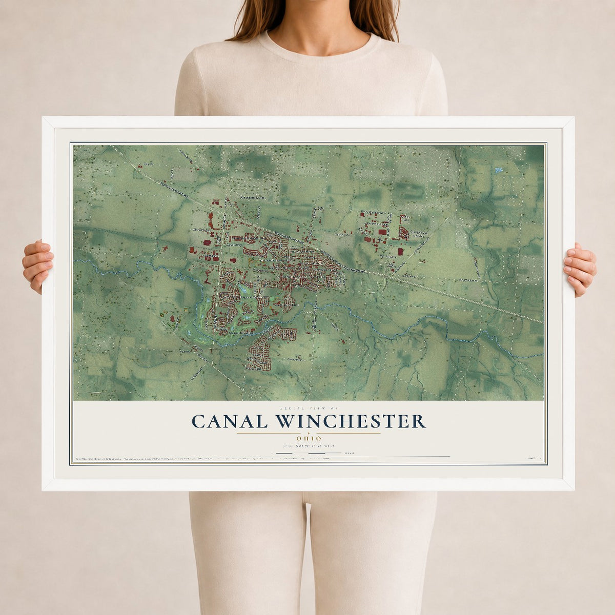 Map of Canal Winchester, Ohio, 24 x 36 inch print in a white wood frame