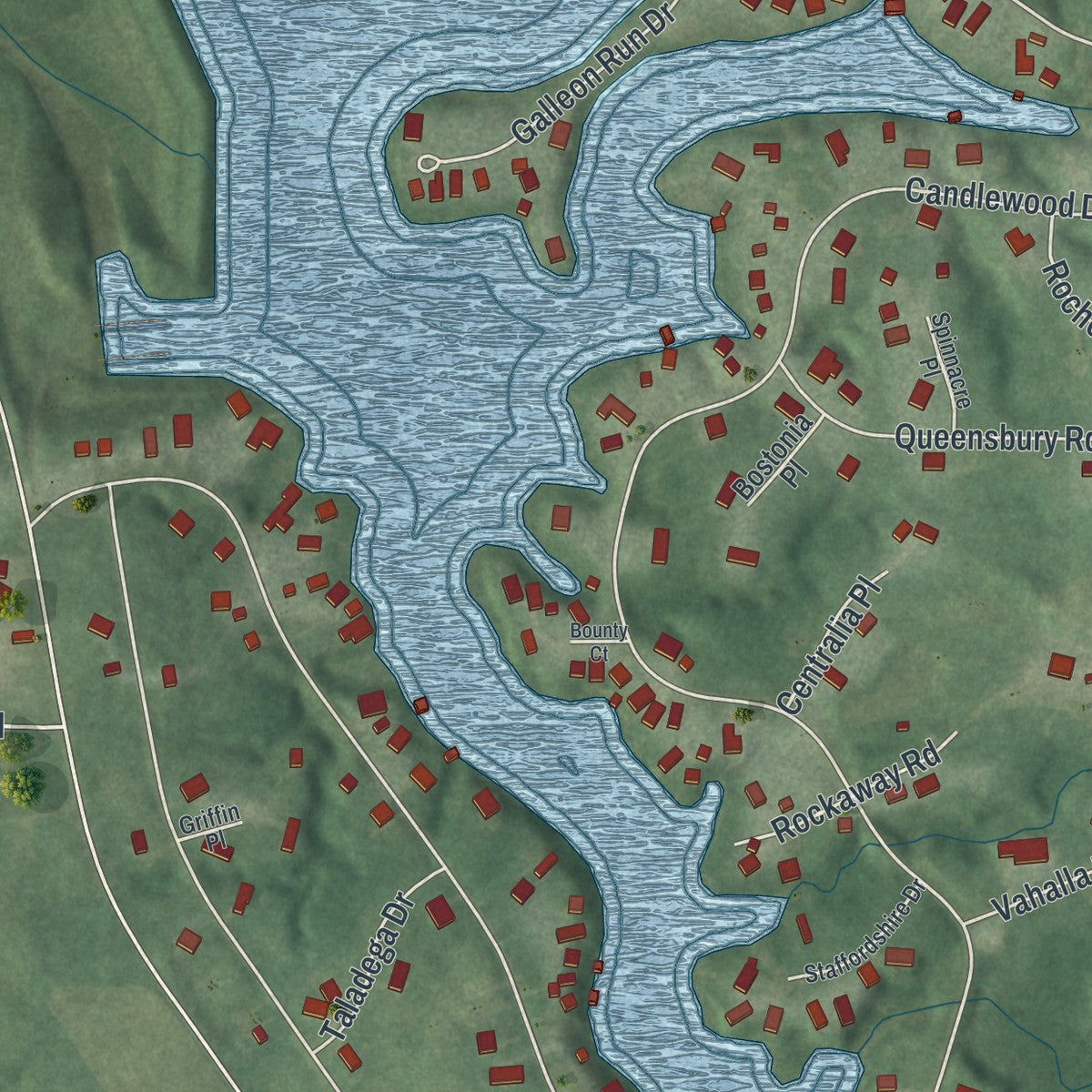 Close-up of the map of Candlewood Lake, Ohio print showing street and building detail