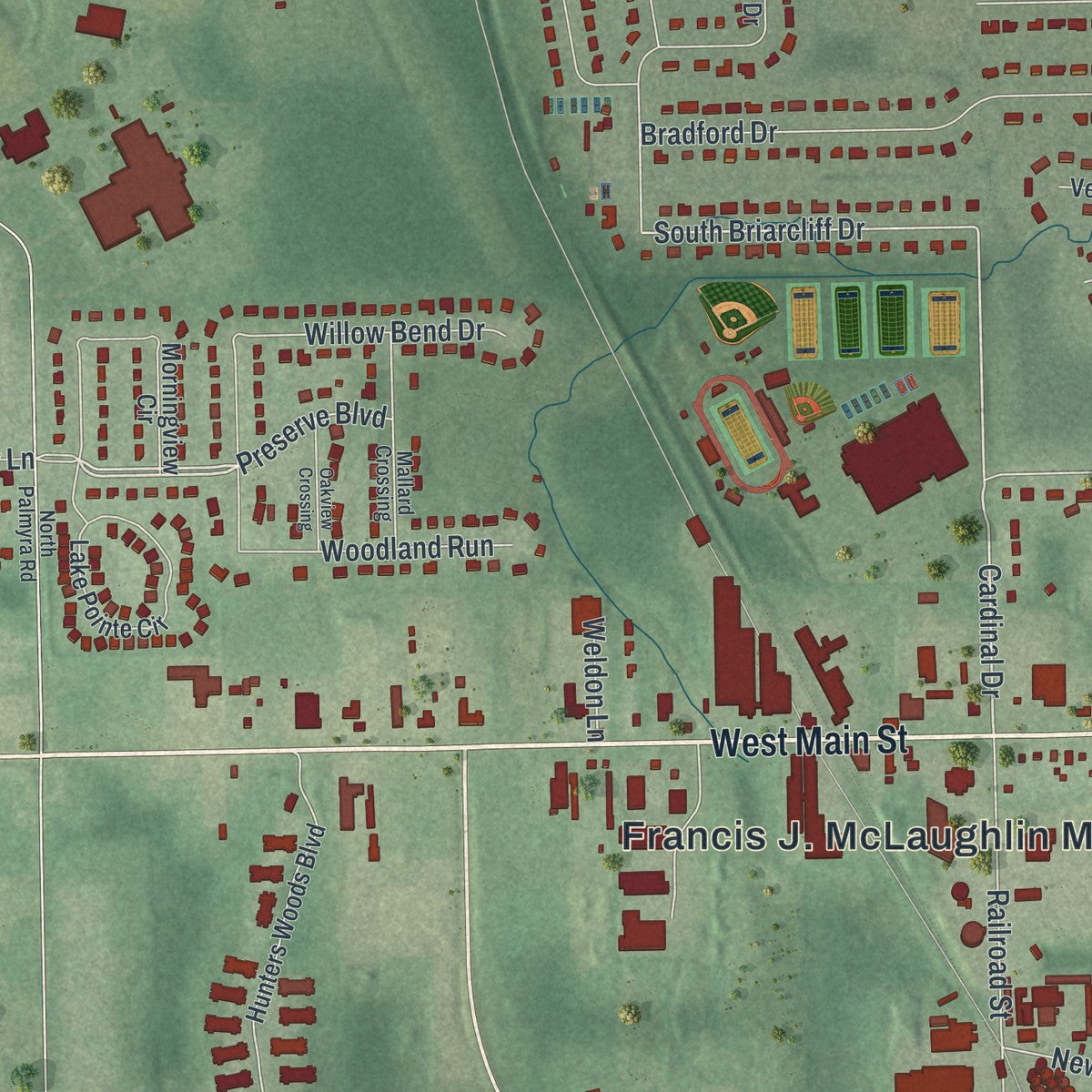 Second close-up of the map of Canfield, Ohio print showing more streets and buildings