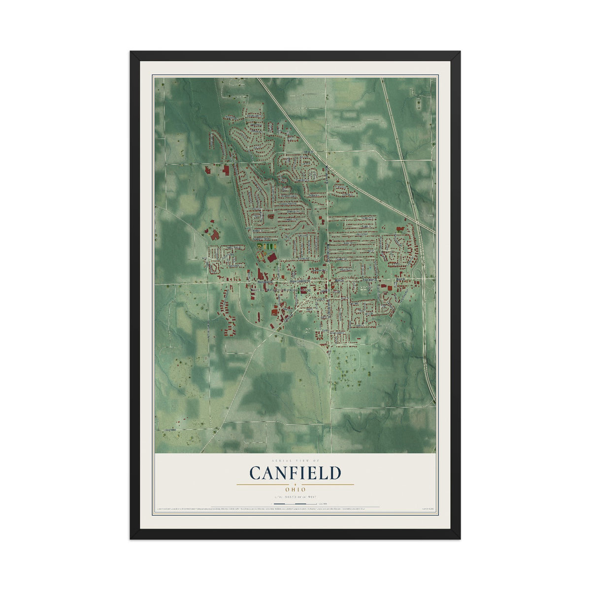 Map of Canfield, Ohio, 12 x 18 inch print in a black wood frame