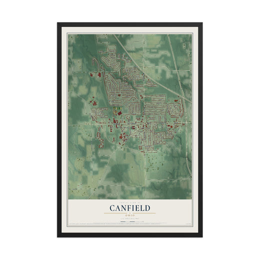 Map of Canfield, Ohio, 12 x 18 inch print in a black wood frame