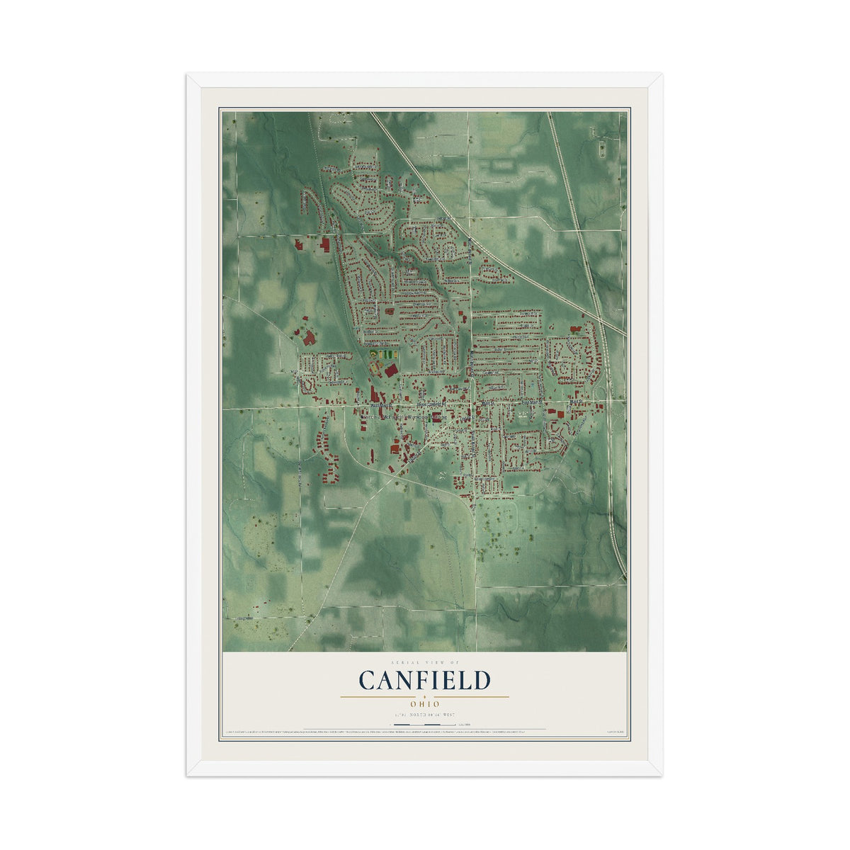 Map of Canfield, Ohio, 12 x 18 inch print in a white wood frame