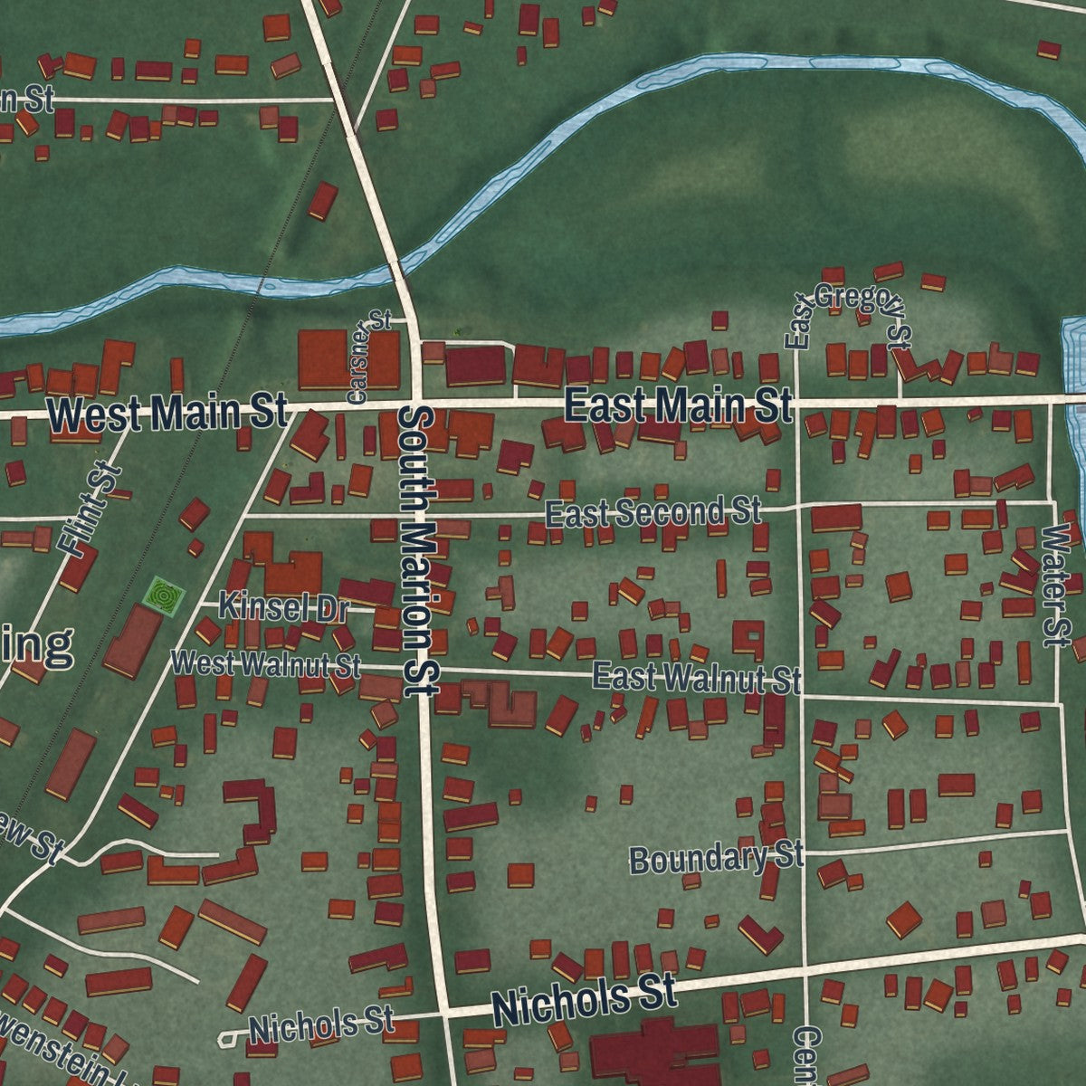 Close-up of the map of Cardington, Ohio print showing street and building detail