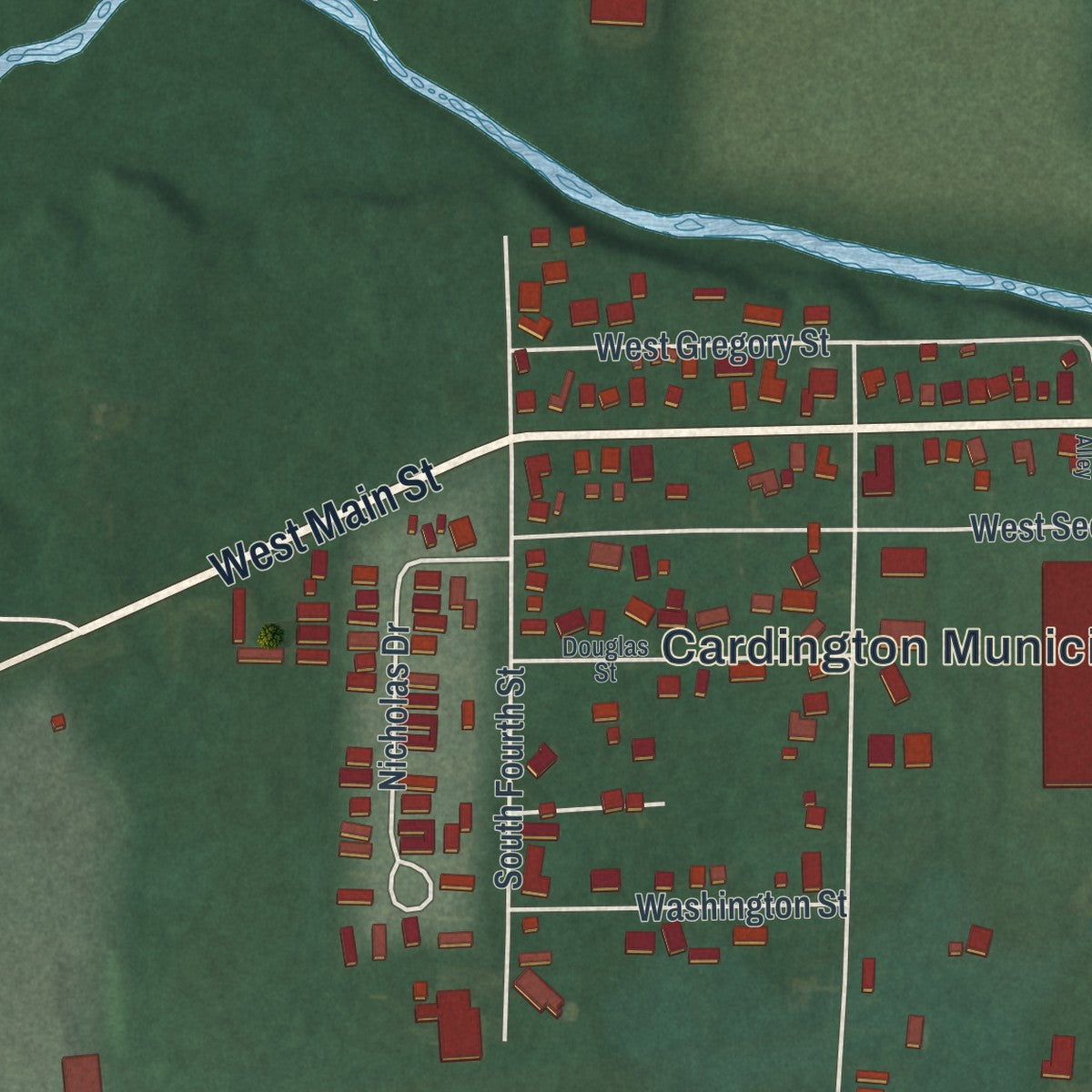 Second close-up of the map of Cardington, Ohio print showing more streets and buildings