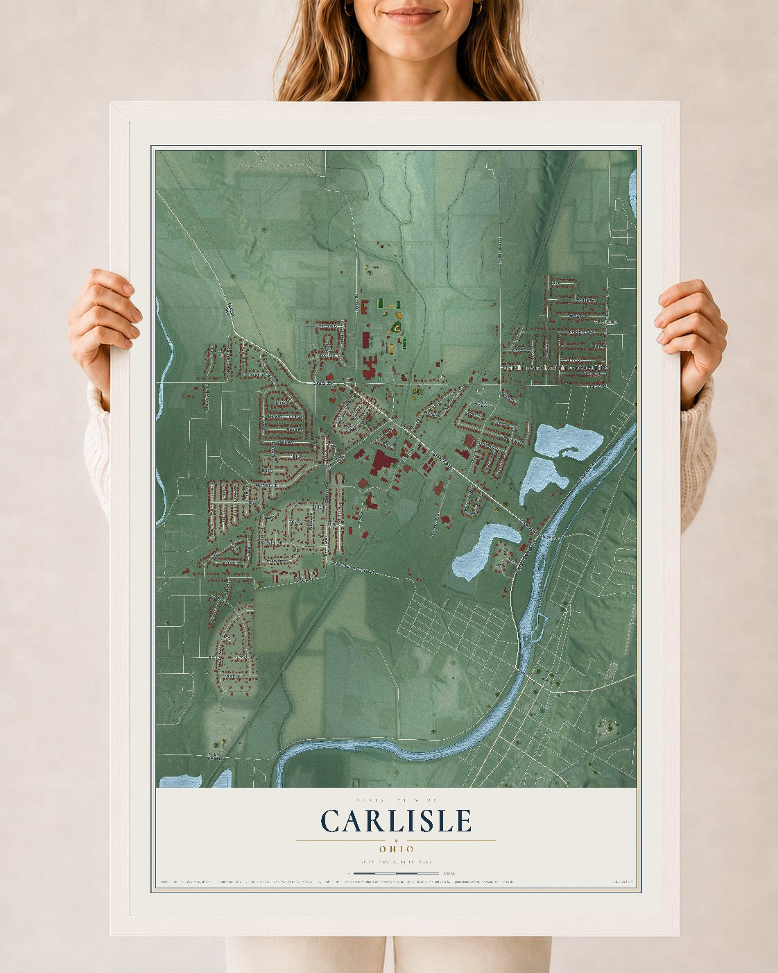 Map of Carlisle, Ohio, 24 x 36 inch print in a white wood frame