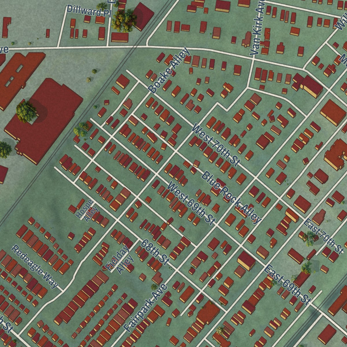 Close-up of the map of Carthage, Ohio print showing street and building detail