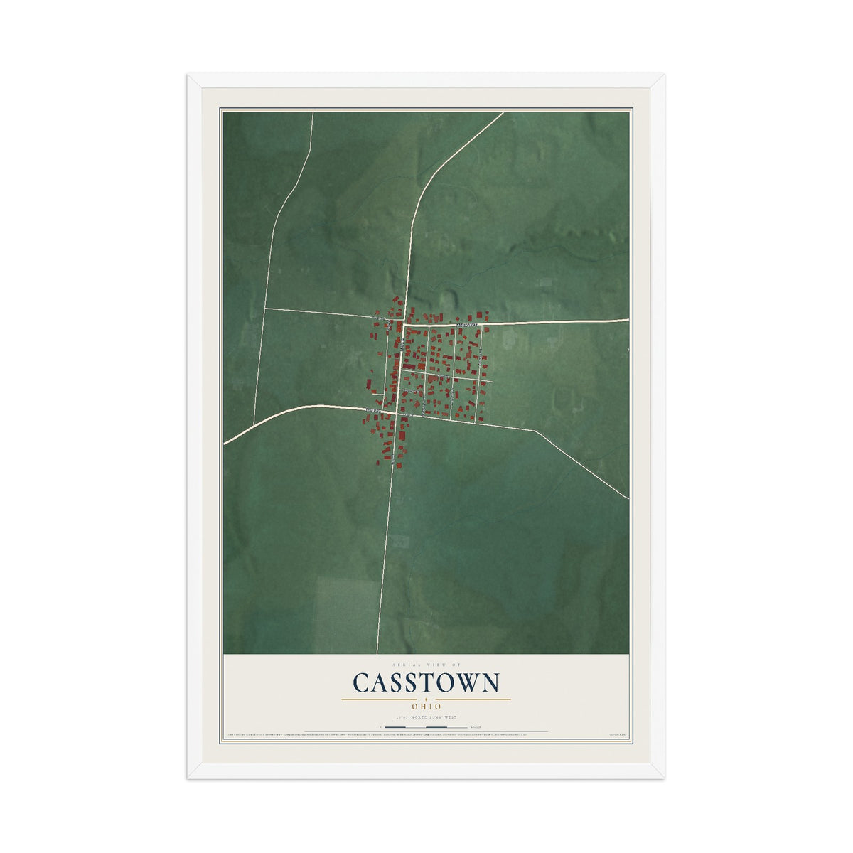 Map of Casstown, Ohio, 12 x 18 inch print in a white wood frame