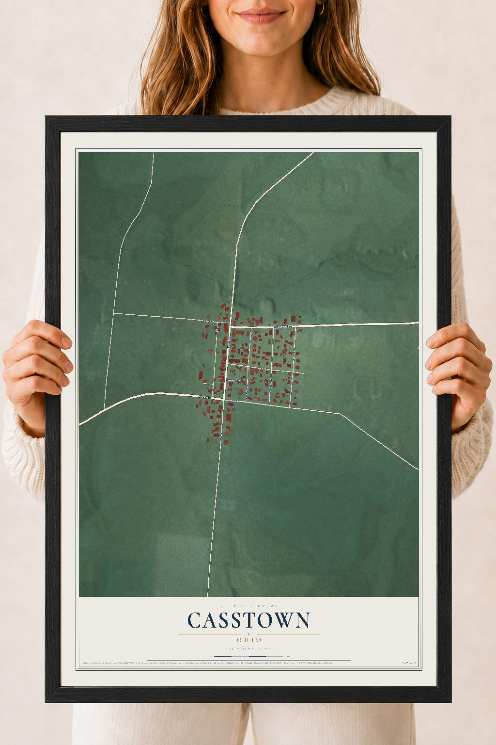 Map of Casstown, Ohio, 18 x 24 inch print in a black wood frame
