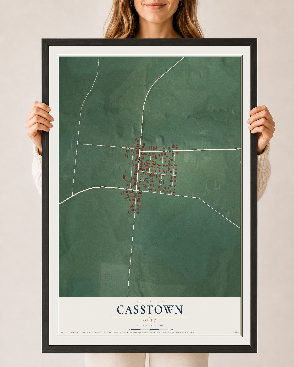 Map of Casstown, Ohio, 24 x 36 inch print in a black wood frame