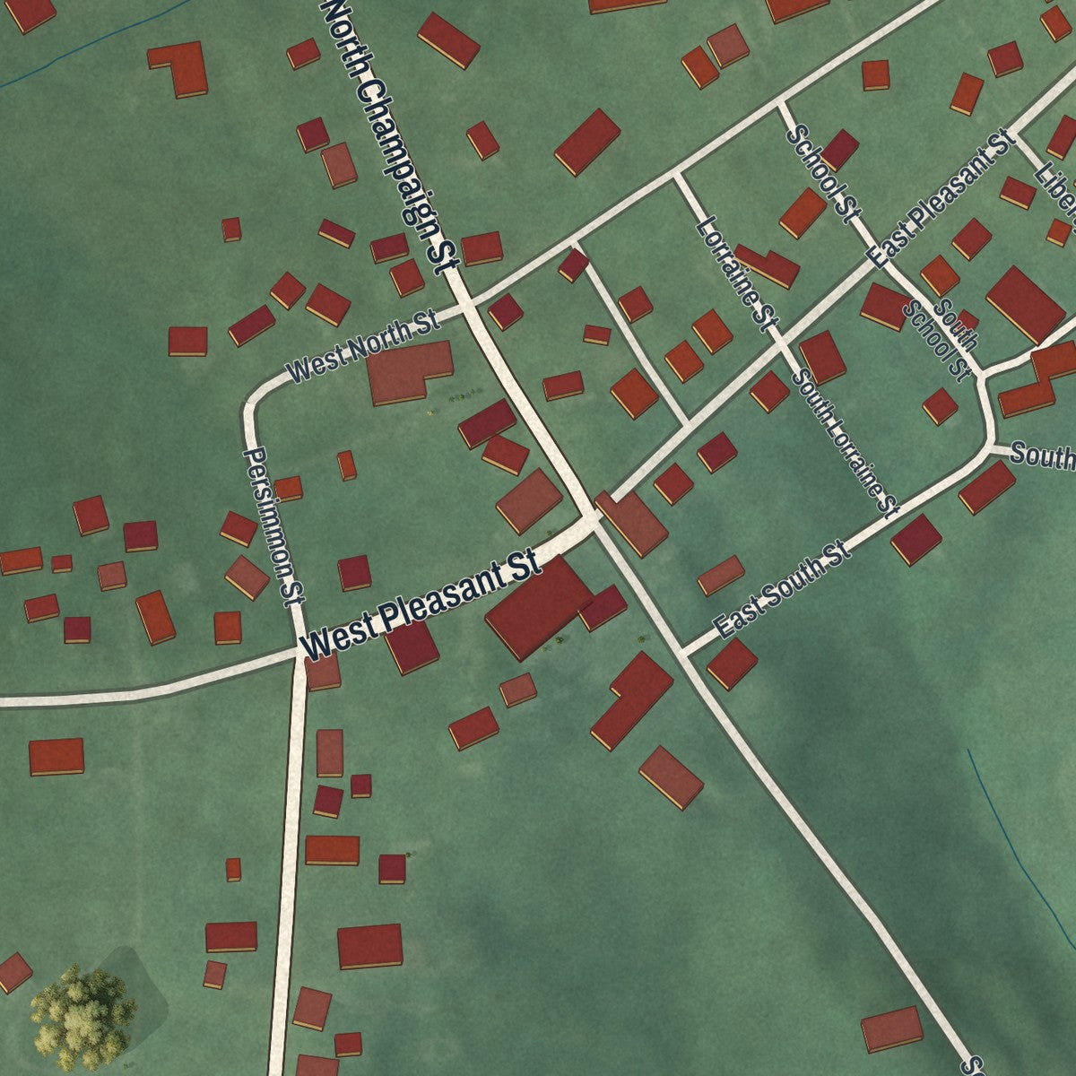 Close-up of the map of Catawba, Ohio print showing street and building detail