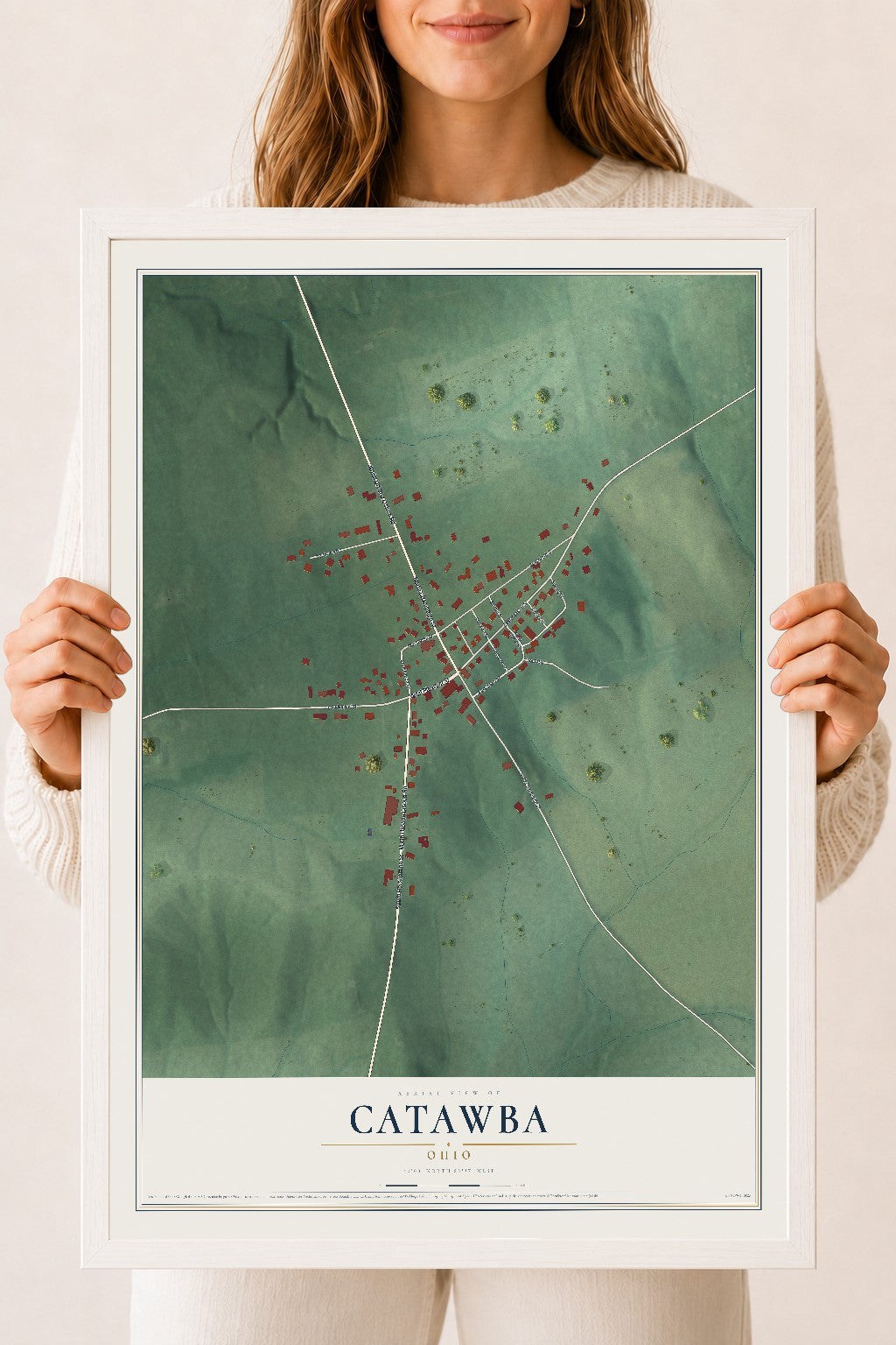 Map of Catawba, Ohio, 18 x 24 inch print in a white wood frame