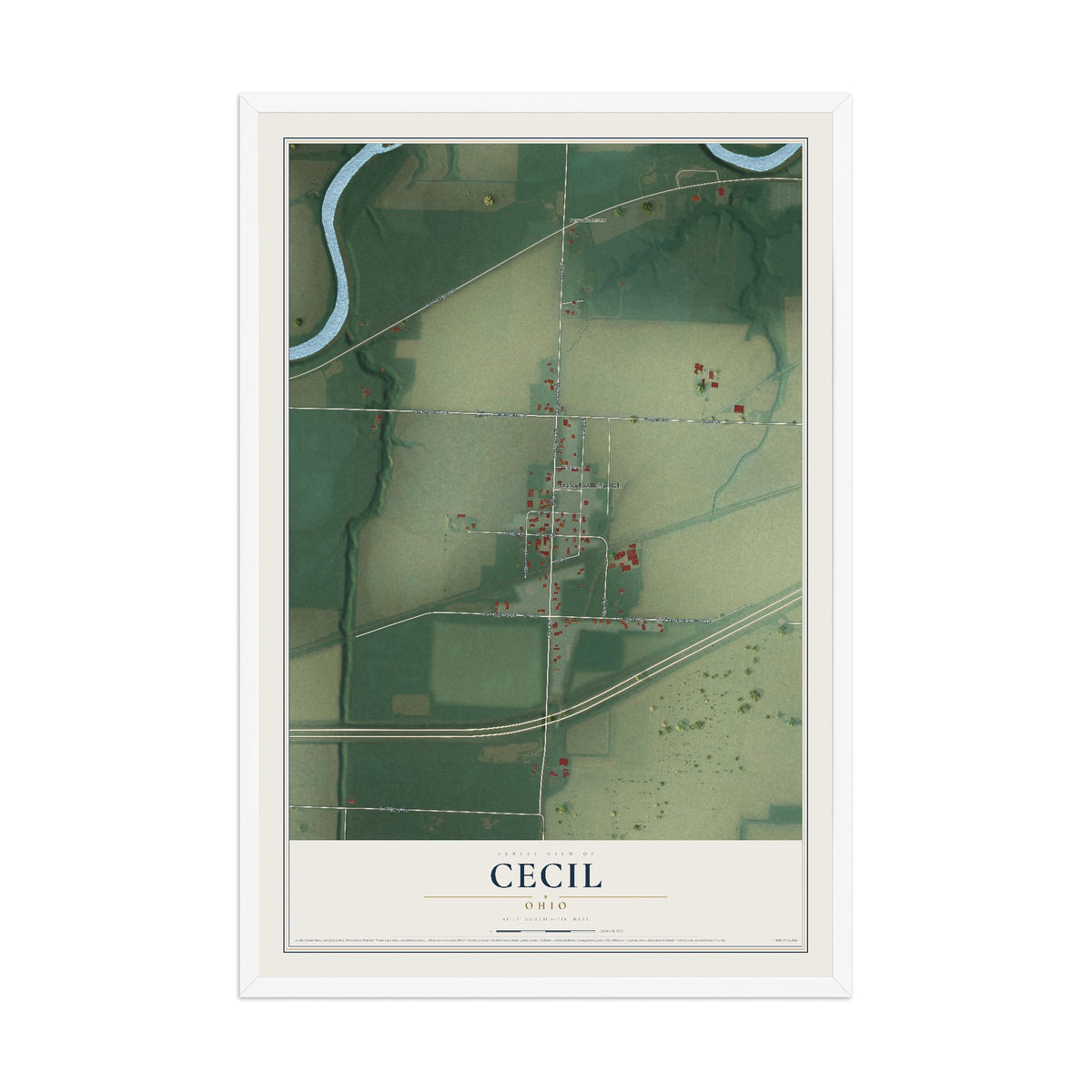 Map of Cecil, Ohio, 12 x 18 inch print in a white wood frame