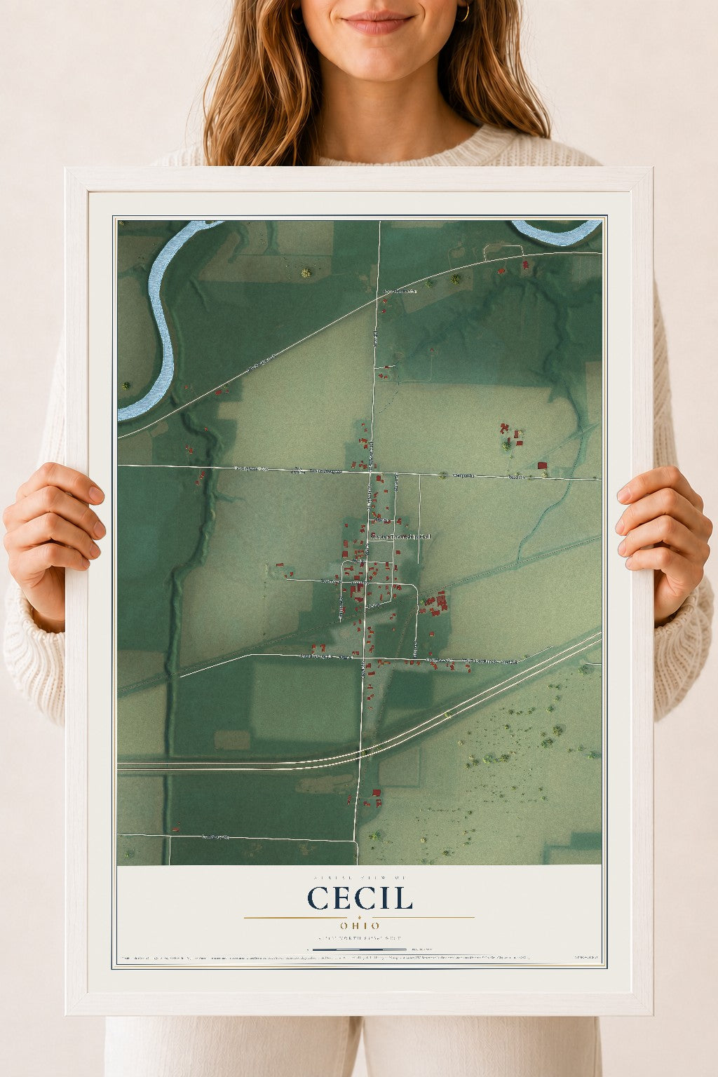 Map of Cecil, Ohio, 18 x 24 inch print in a white wood frame