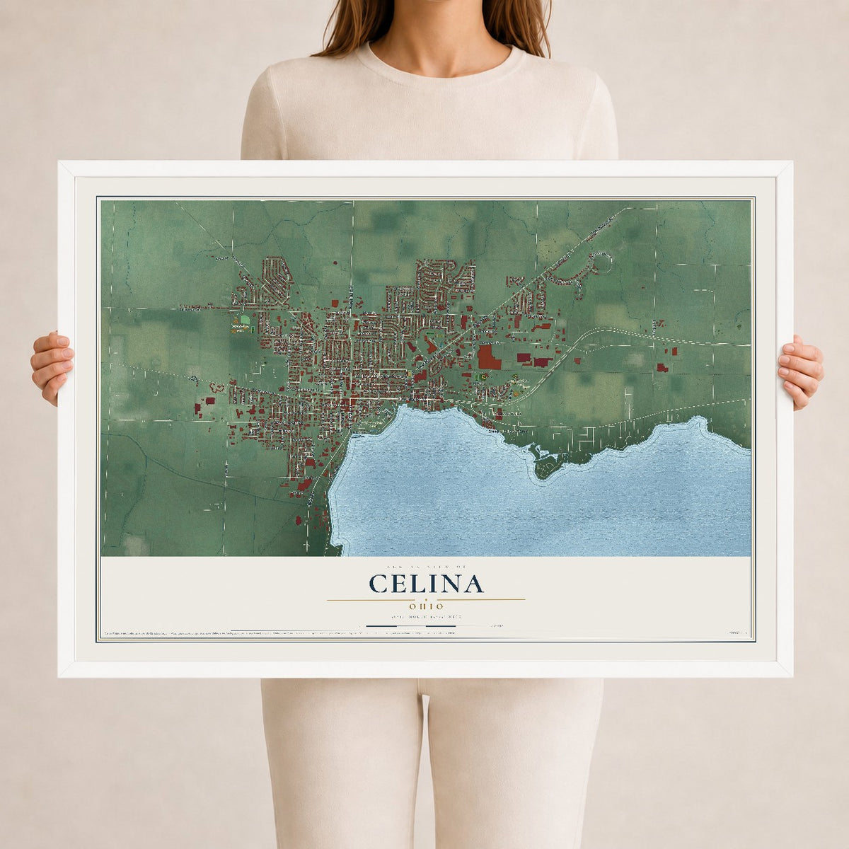 Map of Celina, Ohio, 24 x 36 inch print in a white wood frame
