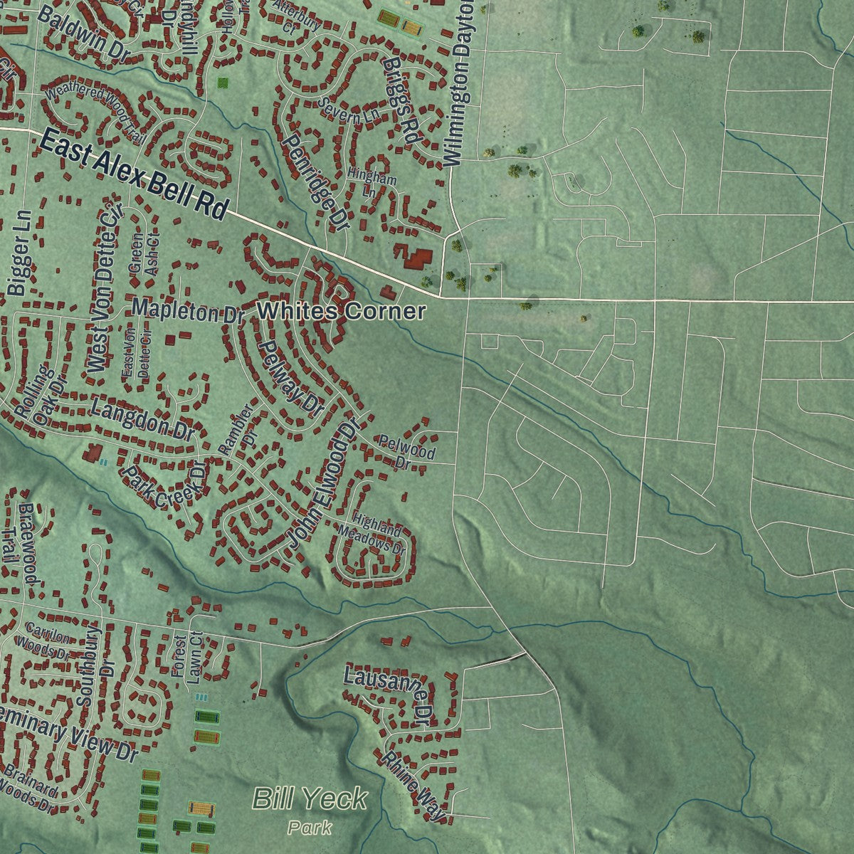 Second close-up of the map of Centerville, Ohio print showing more streets and buildings
