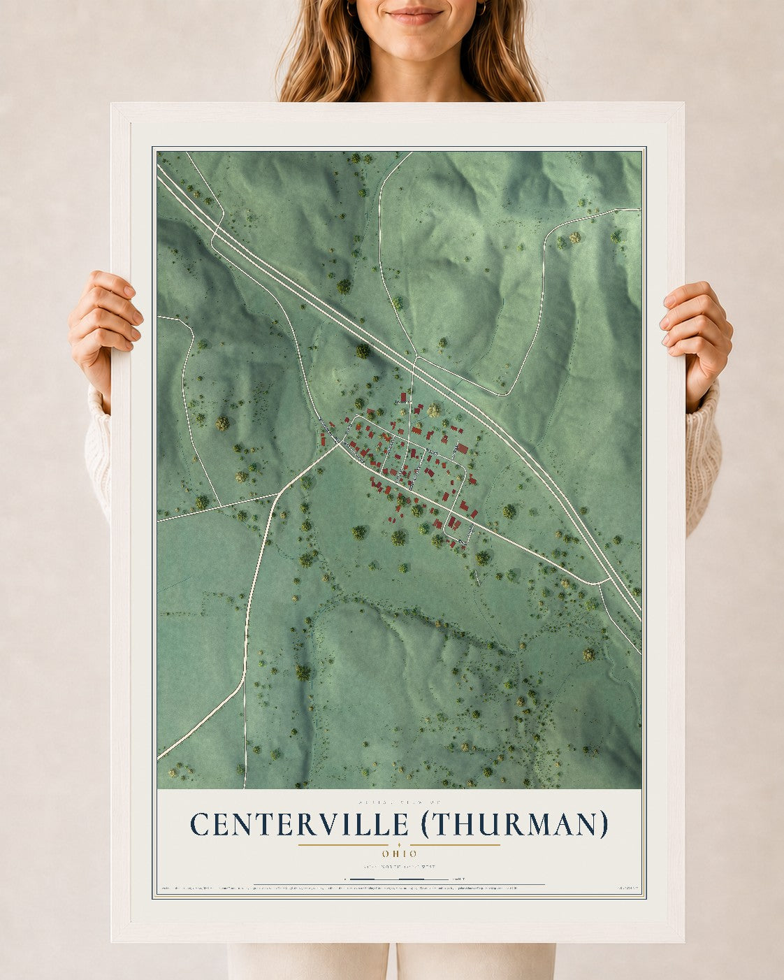 Map of Centerville (Thurman), Ohio, 24 x 36 inch print in a white wood frame