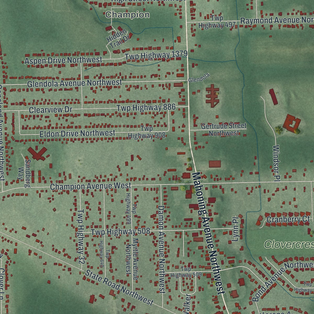 Close-up of the map of Champion Heights, Ohio print showing street and building detail