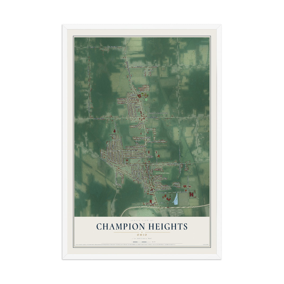 Map of Champion Heights, Ohio, 12 x 18 inch print in a white wood frame