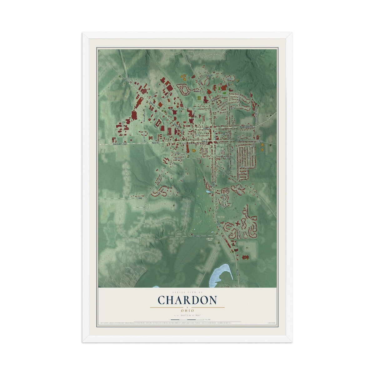 Map of Chardon, Ohio, 12 x 18 inch print in a white wood frame