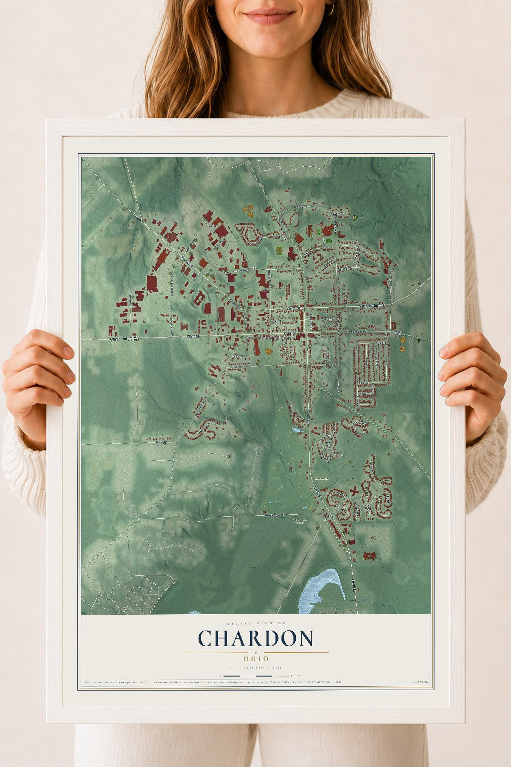 Map of Chardon, Ohio, 18 x 24 inch print in a white wood frame