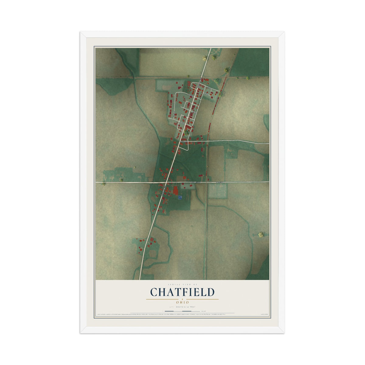 Map of Chatfield, Ohio, 12 x 18 inch print in a white wood frame