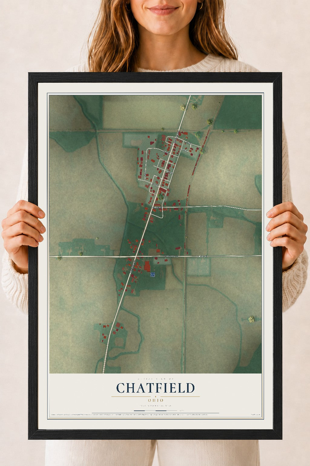 Map of Chatfield, Ohio, 18 x 24 inch print in a black wood frame