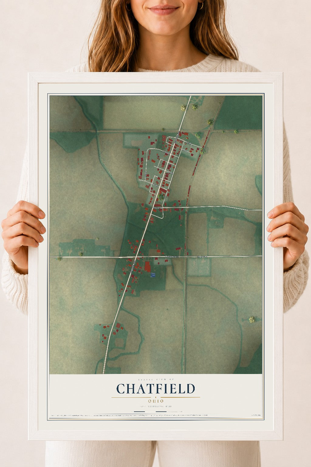 Map of Chatfield, Ohio, 18 x 24 inch print in a white wood frame