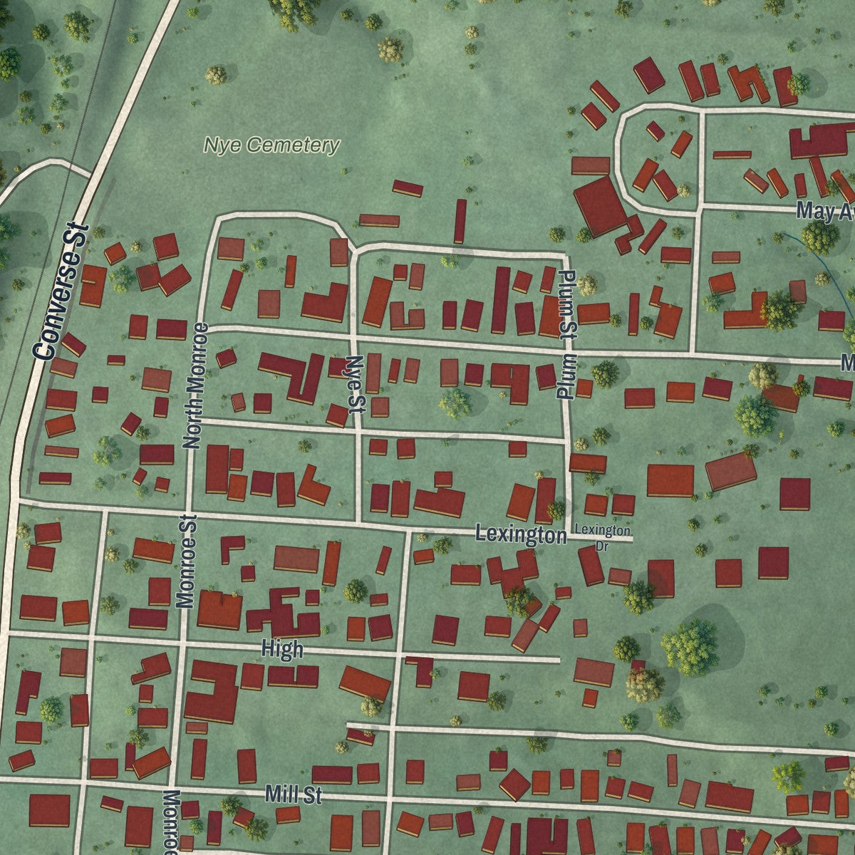 Close-up of the map of Chauncey, Ohio print showing street and building detail