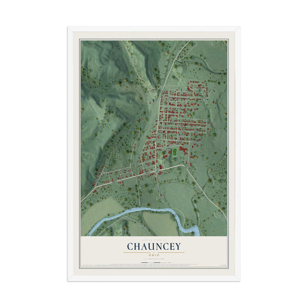 Map of Chauncey, Ohio, 12 x 18 inch print in a white wood frame