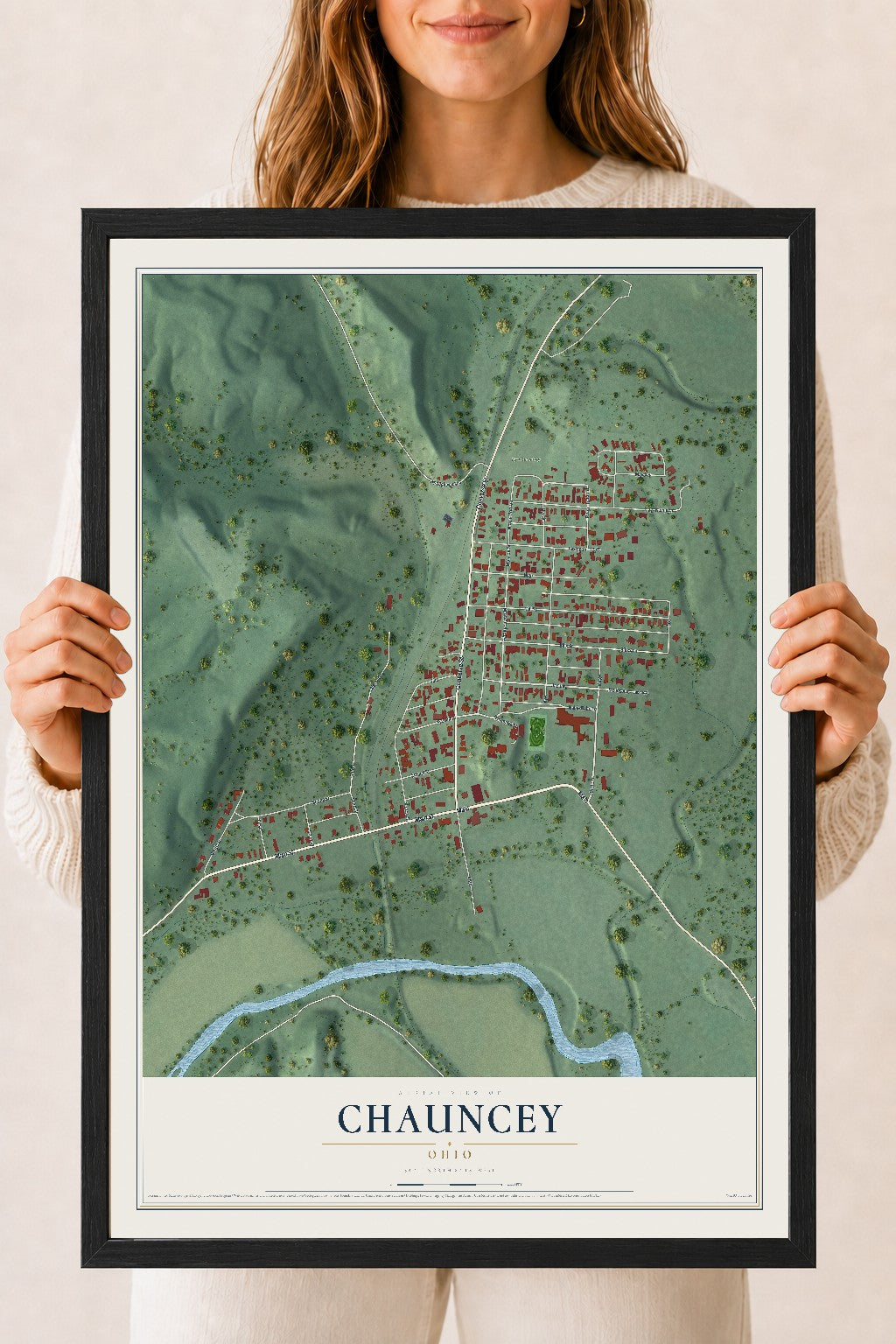 Map of Chauncey, Ohio, 18 x 24 inch print in a black wood frame