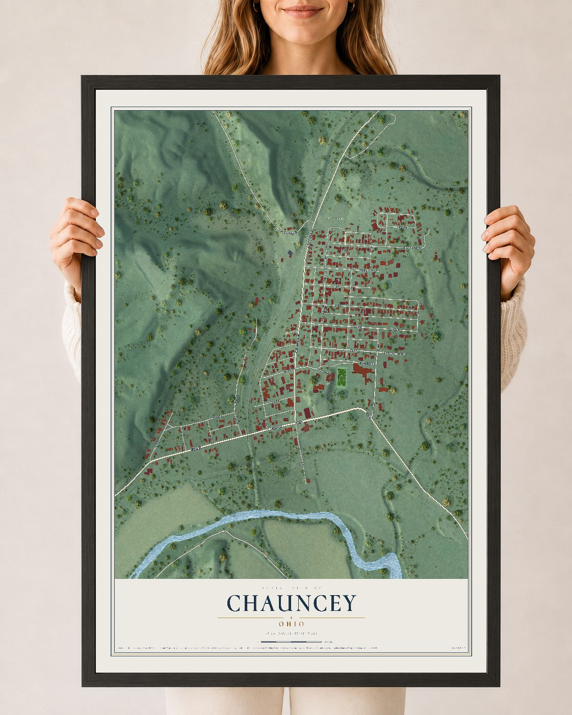Map of Chauncey, Ohio, 24 x 36 inch print in a black wood frame