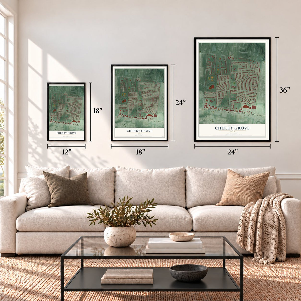 Cherry Grove, Ohio map in 12 x 18, 18 x 24 and 24 x 36 inch sizes above a sofa