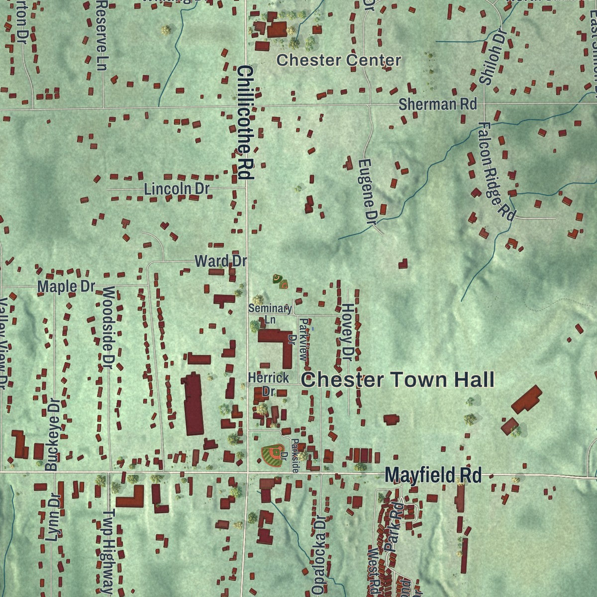 Close-up of the map of Chesterland, Ohio print showing street and building detail
