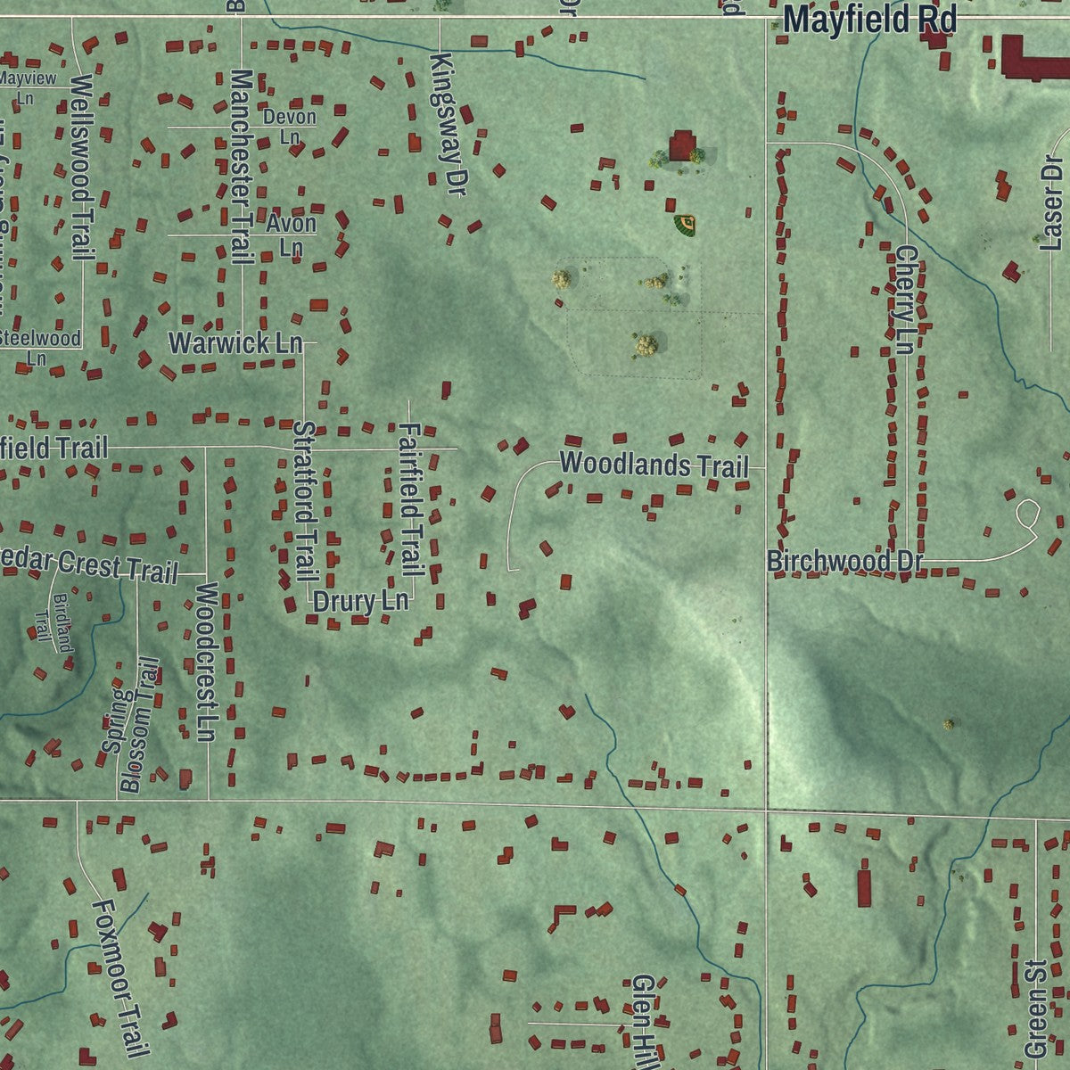 Second close-up of the map of Chesterland, Ohio print showing more streets and buildings