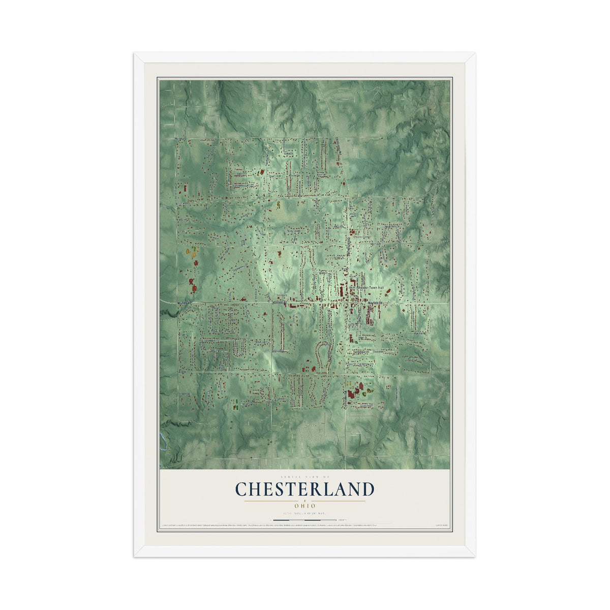 Map of Chesterland, Ohio, 12 x 18 inch print in a white wood frame