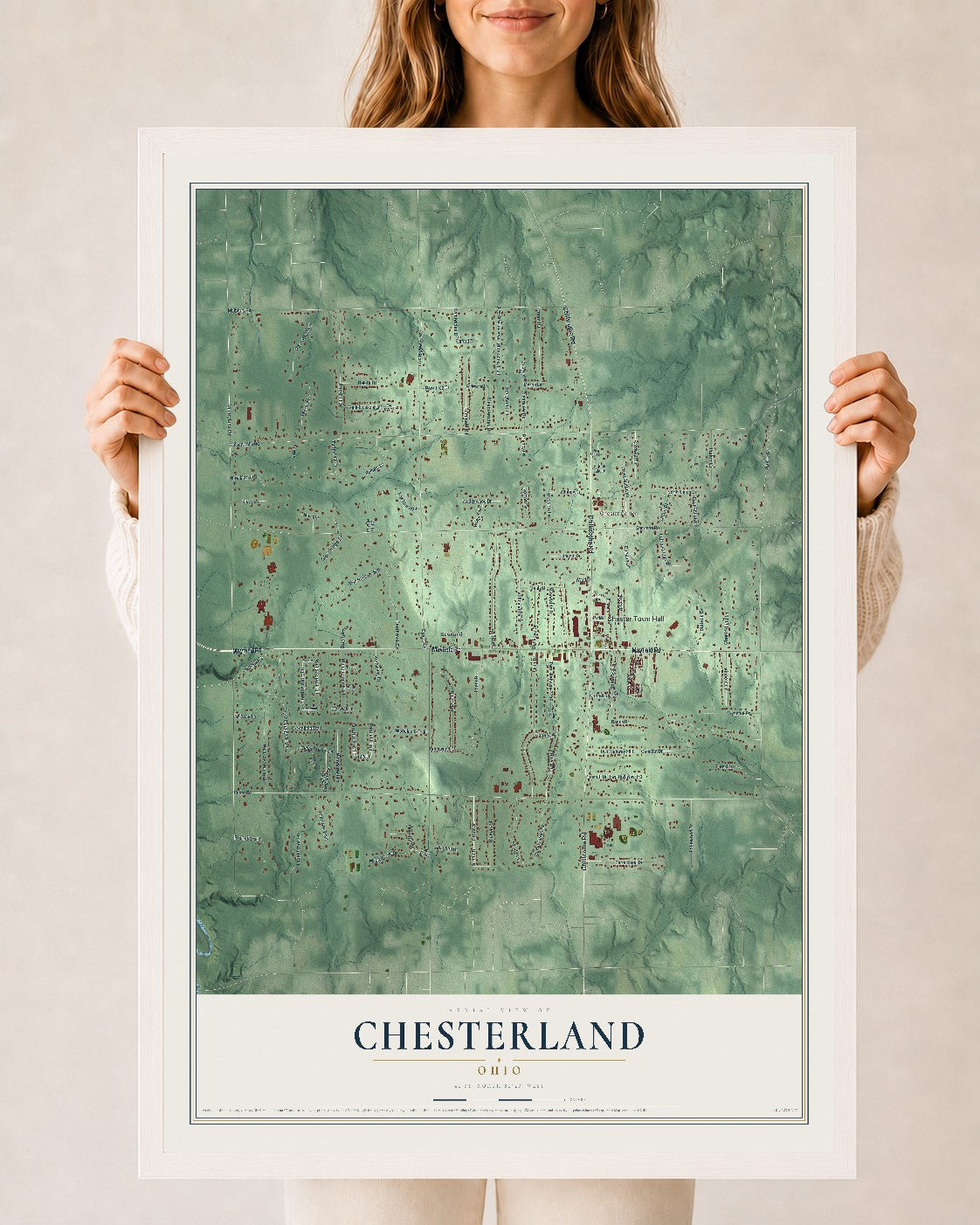 Map of Chesterland, Ohio, 24 x 36 inch print in a white wood frame