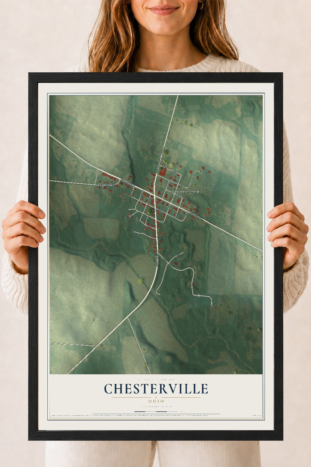 Map of Chesterville, Ohio, 18 x 24 inch print in a black wood frame