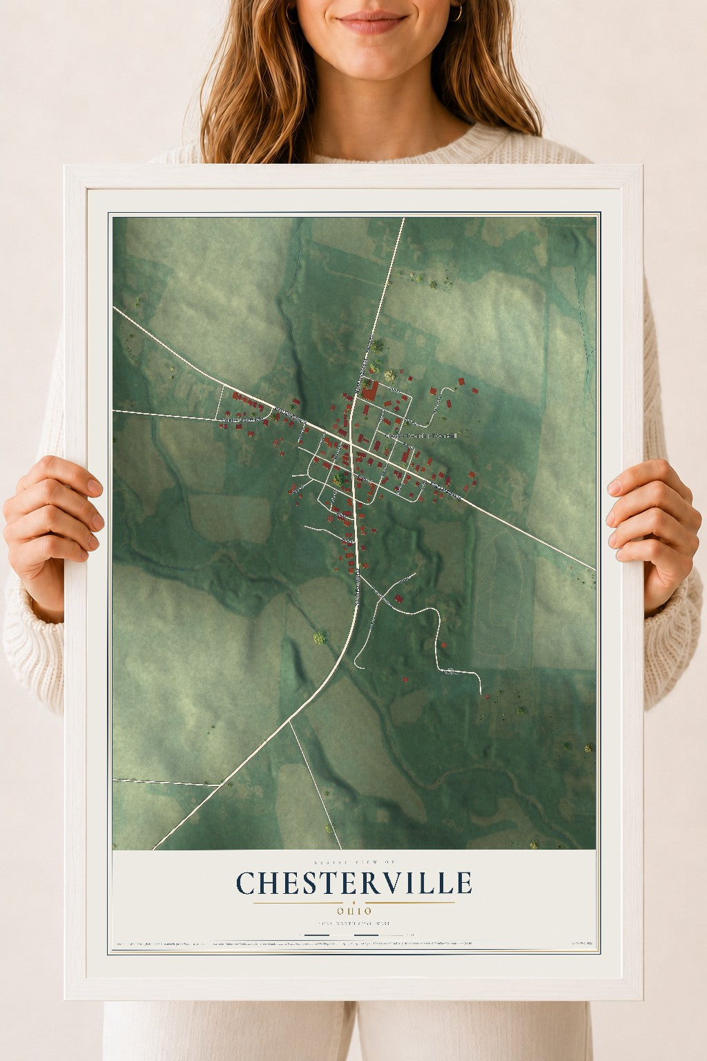 Map of Chesterville, Ohio, 18 x 24 inch print in a white wood frame