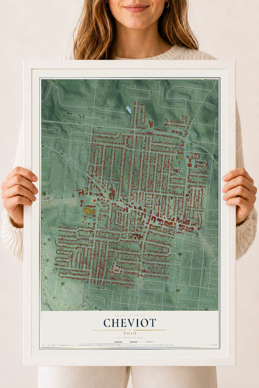 Map of Cheviot, Ohio, 18 x 24 inch print in a white wood frame