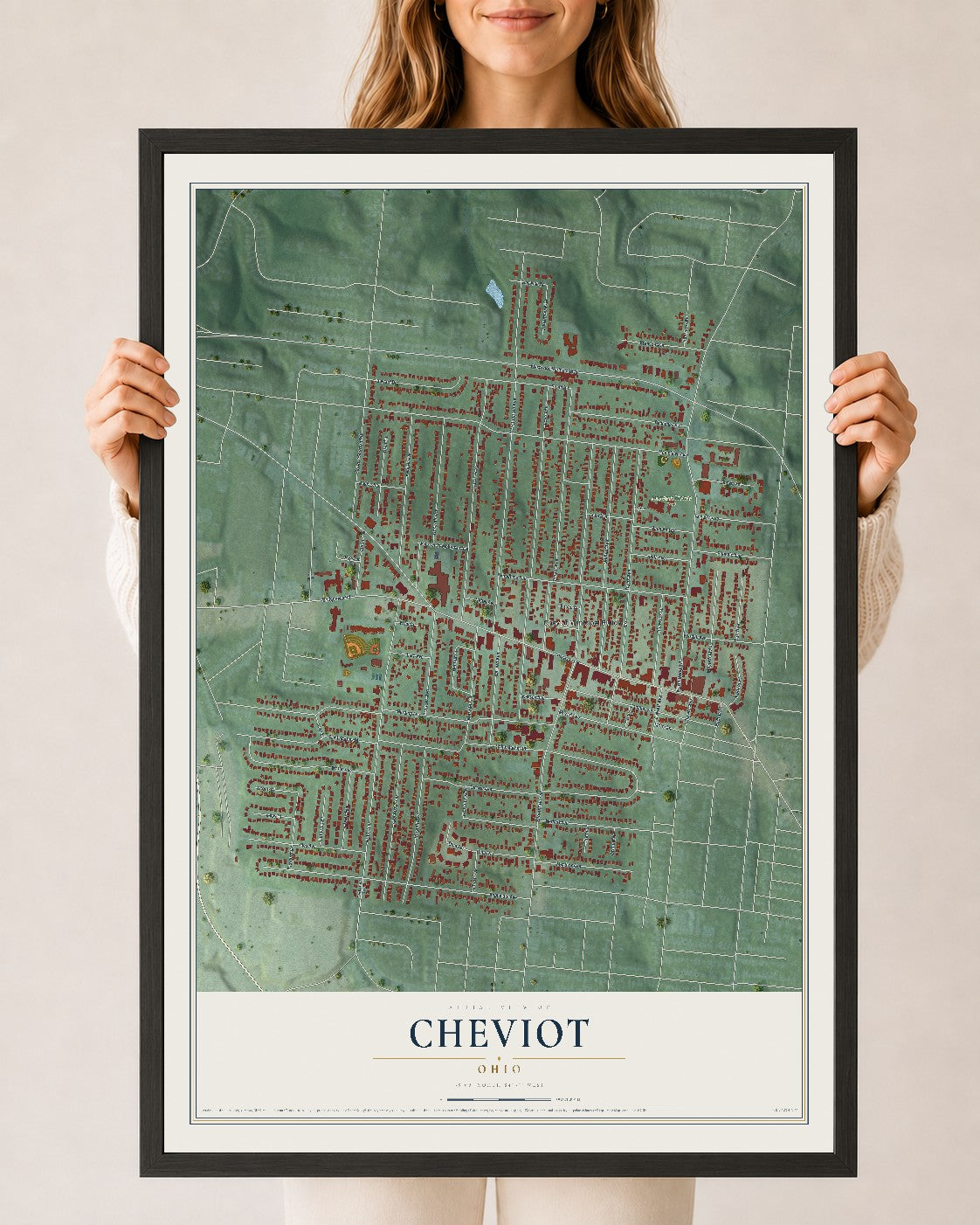 Map of Cheviot, Ohio, 24 x 36 inch print in a black wood frame